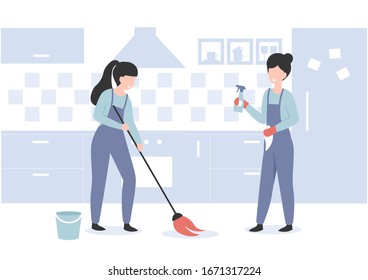 Cleaning service concept professional workers. Woman with mop brush clean floor at the kitchen. Flat vector cartoon modern illustration.