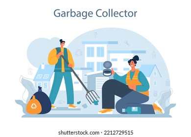 Cleaning service concept. Cleaning staff with special equipment. Janitor worker cleaning street and sorting garbage. Flat vector illustration