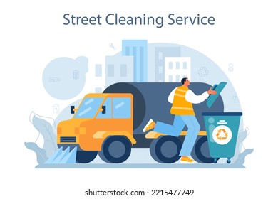 Cleaning service concept. Cleaning staff with special equipment. Janitor worker cleaning street and sorting garbage. Flat vector illustration