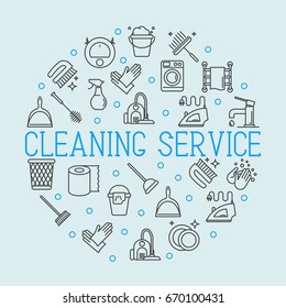 Cleaning service concept with thin line icons in circle: gloves, iron, washer, robot vacuum cleaner, brushes and other accessories for household. Vector illustration for banner, web page, poster.