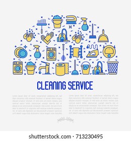 Cleaning service concept with thin line icons: iron, washer, robot vacuum cleaner, brushes and other accessories for household. Vector illustration for banner, web page, print media.