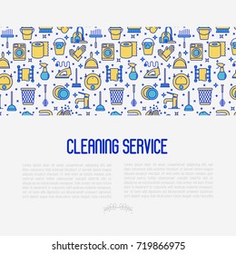 Cleaning service concept with thin line icons: iron, washer, robot vacuum cleaner, brushes and other accessories for household. Vector illustration for banner, web page, print media.
