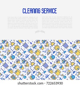 Cleaning service concept with thin line icons: iron, washer, robot vacuum cleaner, brushes and other accessories for household. Vector illustration for banner, web page, print media.