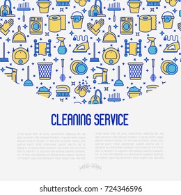 Cleaning service concept with thin line icons: iron, washer, robot vacuum cleaner, brushes and other accessories for household. Vector illustration for banner, web page, print media.