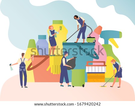 Cleaning service concept, tiny people cartoon characters in flat style, housework chores, vector illustration. Men and women washing bucket and detergent, housekeeping maintenance cleanup company