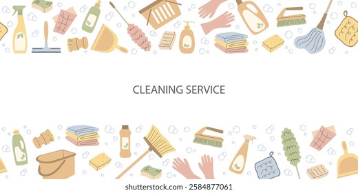 Cleaning service concept with various supplies Background. House cleaning Seamless border. Template for marketing, advertisement, banner, business card