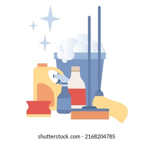 Cleaning service concept. Various cleaning tools. Professional hygiene service for house. Bucket, mop, sponge, detergent. Vector flat illustration 