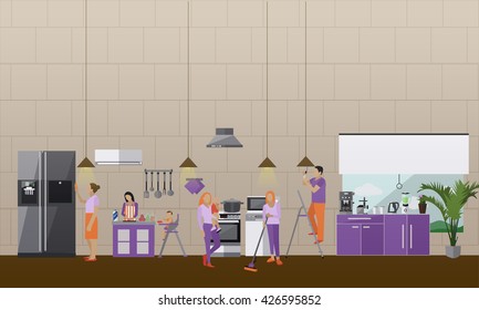Cleaning service concept vector banner. People cleaning house. Apartment kitchen interior. Housekeeping company team at work.