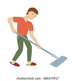 Cleaning service concept vector. Flat style design. Smiling man character washing floor mop. Small private business. Illustration for housekeeping companies and services advertising