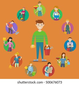 Cleaning service concept vector. Flat design. Vector in flat style. Collection of people characters with tools for cleaning in house. Illustration for housekeeping companies and services advertising