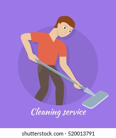 Cleaning service concept vector. Flat style design. Smiling man character washing floor mop. Small private business. Illustration for housekeeping companies and services advertising