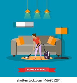 Cleaning service concept vector illustration. Woman cleaning home living room. 