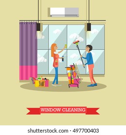 Cleaning service concept vector illustration in flat style. Housekeeping company team at work. People cleaning window.