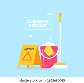 Concepto de servicio de limpieza para banner web, infografía, afiche. Señal de aviso de suelo húmedo resbaladizo, cuchara, cuchara, detergente. Ilustración del vector