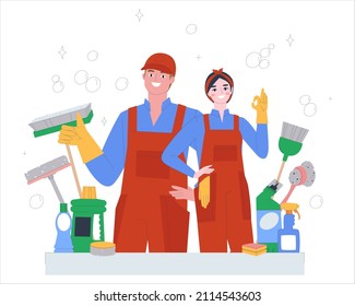 Cleaning service concept. A woman and a man in overalls and rubber gloves. Show gesture OK and super. Cleaning tools - a broom, a sponge for washing, a bucket of water, products, a spray bottle. Flat 