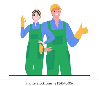 
Cleaning service concept. Woman and man in overalls. Cleaning workers. Show gesture OK and super. Flat vector illustration