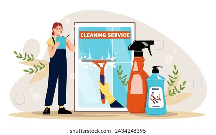 Cleaning service concept. Woman in uniform with detergents and cleaning products. Hygiene and cleanliness. Worker with windows scraper. Cartoon flat vector illustration isolated on white background