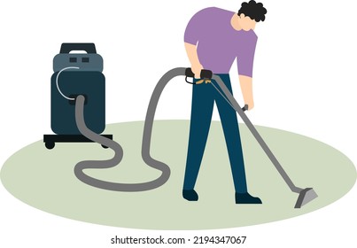 concepto de servicio de limpieza, servicio de limpieza limpiador de suelos con aspiradora, actividad de personas de diseño plano, limpieza vectorial de la casa ilustración gráfica