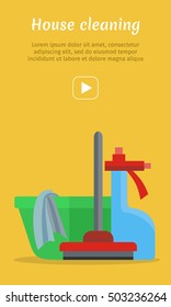 Cleaning service conceptual vector web banner. Flat style. NAME2. Illustration with play button for housekeeping companies online services, sites, video, corporate animation