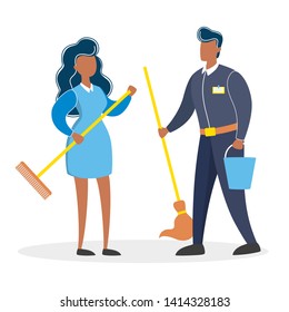 Cleaning service couple. Man and woman in the uniform holding cleaning equipment. Female character with broom. Isolated vector illustration in cartoon style