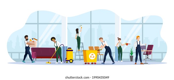 Cleaning service diverse team working at modern office. Janitors in uniform wash and clean use detergent and professional equipment. Hygienic cleanup at coworking center interior vector illustration