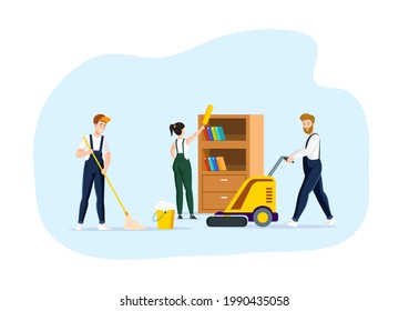 Cleaning service diverse team working at modern office. Janitors in uniform wash and clean use detergent and professional equipment. Hygienic cleanup at coworking center interior vector illustration