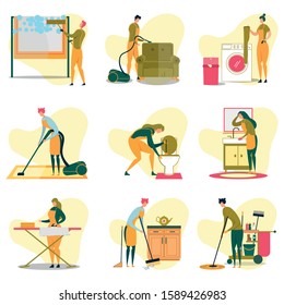 Cleaning Service Doing Different Tasks Flat Cartoon Vector Illustration. Man Cleaning Window, Vacuuming Sofa, Women Washing Clothes, Cleaning Toilet with Plunger, Wiping Sink, Ironing and Sweeping.