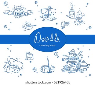 Cleaning service doodled icons. Hand drawn set of house cleaning thematics.
