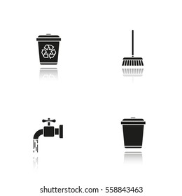 Cleaning service drop shadow black icons set. Environment protection. Running tap water, recycle bins, mop. Isolated vector illustrations