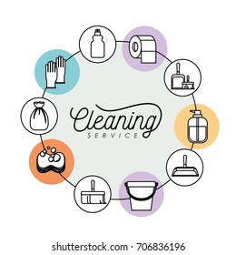 cleaning service elements around in color silhouette circular frames on white background vector illustration