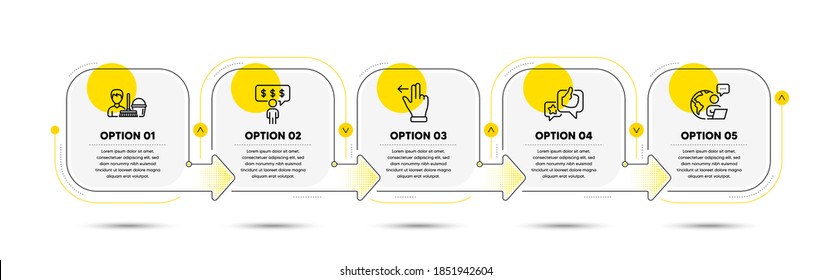 Cleaning service, Employee benefits and Touchscreen gesture line icons set. Timeline process flowchart. Like sign. Bucket with mop, Salary man, Slide left. Star rating. People set. Vector
