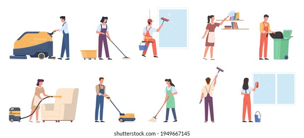 Cleaning service. Employees in uniform with professional industrial washer equipment, male and female staff with detergents and special tools, housekeeper maid or janitor vector set