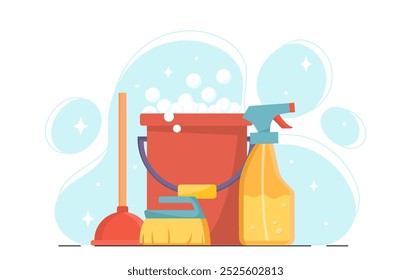 Cleaning service equipment. Bucket, detergent and mop. Maid and housewife. Disinfection and sanitary. Cleanliness and hygiene. Household chores and routine. Flat vector illustration