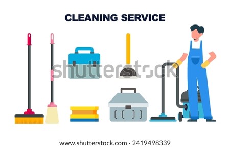 Cleaning service equipment clean worker character concept