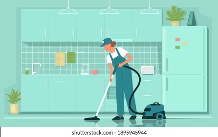 Cleaning service. Female cleaner employee in uniform vacuums the floor in the kitchen. House or apartment cleaning. Vector illustration in flat style