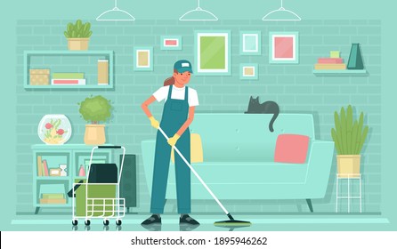 Cleaning service. Female cleaner employee in uniform washes the floor with a mop in the living room. House or apartment cleaning. Vector illustration in flat style