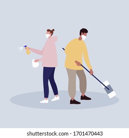 Reinigungsservice Weibliche und männliche Charaktere Schweiß- und Moppingfußboden mit Mop, Waschen mit Rag. Illustration zur flachen Vektorillustration von Cartoon