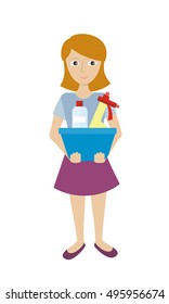 Cleaning service. Female member of the cleaning service staff with basin with glass cleaner and substance for washing. Worker of cleaning company. Successful housekeeping company banner. Vector