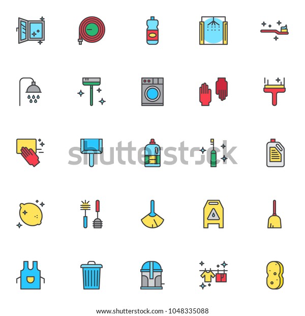 Cleaning service filled outline icons set, line vector\
symbol collection, linear colorful pictogram pack. Signs, logo\
illustration, Set includes icons as open clean window, watering\
hose, detergent 
