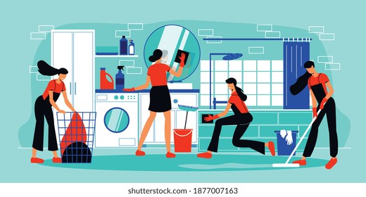 Servicio de limpieza de fondo plano con un grupo de mujeres jóvenes con lavado uniforme en el interior del hogar ilustración vectorial
