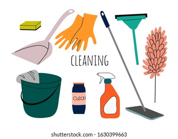 Cleaning service flat cartoon illustration. Set of Isolated objects for house cleaning services with various equipment and cleaning tools.