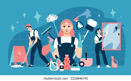 Cleaning service flat composition with detergent tools and professional workers performing various housekeeping duties vector illustration
