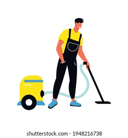 Cleaning service flat composition with human character of cleaning service worker with vacuum tube cleaner machine vector illustration