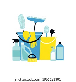 Servicio de limpieza Composición plana con imágenes de utensilios de limpieza lavado detergentes guantes y baldes ilustración vectorial