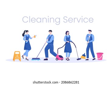 Ilustración de diseño plano del servicio de limpieza. Gente Vacía, limpia el polvo y barrido piso en la casa por fondo, cartel o afiche