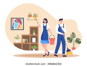 Cleaning Service flat Design Illustration. People Vacuum, Wipe the Dust and Sweeping Floor in the House for Background, Banner or Poster