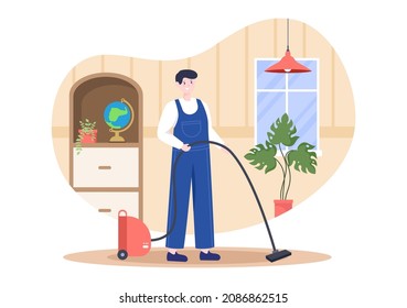 Illustration des Reinigungsservice flach Design. Menschen Vakuum, Wischen Sie den Staub und den Sweeping Floor im Haus für Hintergrund, Banner oder Poster