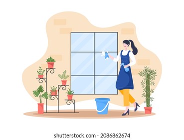 Cleaning Service flat Design Illustration. People Vacuum, Wipe the Dust and Sweeping Floor in the House for Background, Banner or Poster