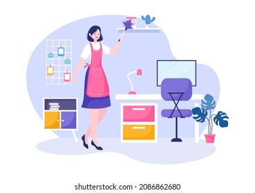 Cleaning Service flat Design Illustration. People Vacuum, Wipe the Dust and Sweeping Floor in the House for Background, Banner or Poster