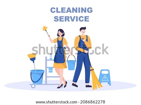 Cleaning Service flat Design Illustration. People Vacuum, Wipe the Dust and Sweeping Floor in the House for Background, Banner or Poster